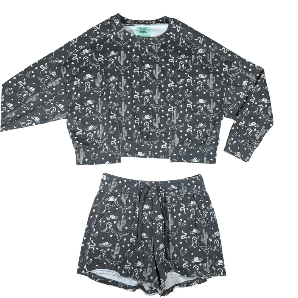 Rock and Roll Denim Western‎ Print Pajama Pjs Sweatshirt Shorts Set Gray lounge